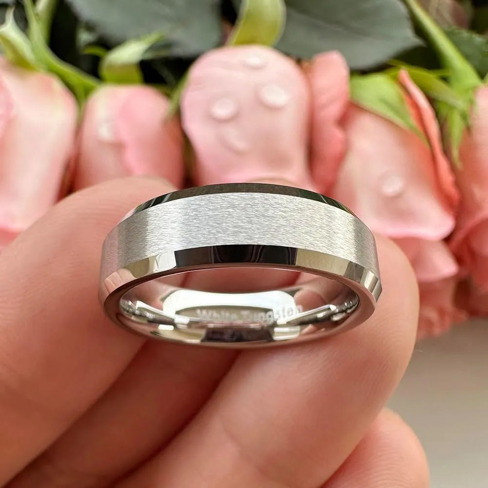 6mm 8mm White Tungsten Rings for Men Women Couple Fashion Jewelry Engagement Wedding Bands Matte Finish Beveled Edges Comfort Fit