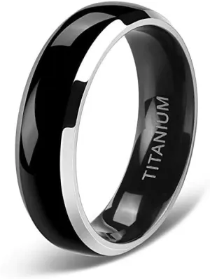 (6mm) Unisex, Women's or Men's - Couple's Titanium Wedding Ring Bands. Two Tone Black and Silver High Polish, Comfort Fit and Light Weight Ring. One Year Warranty Included.