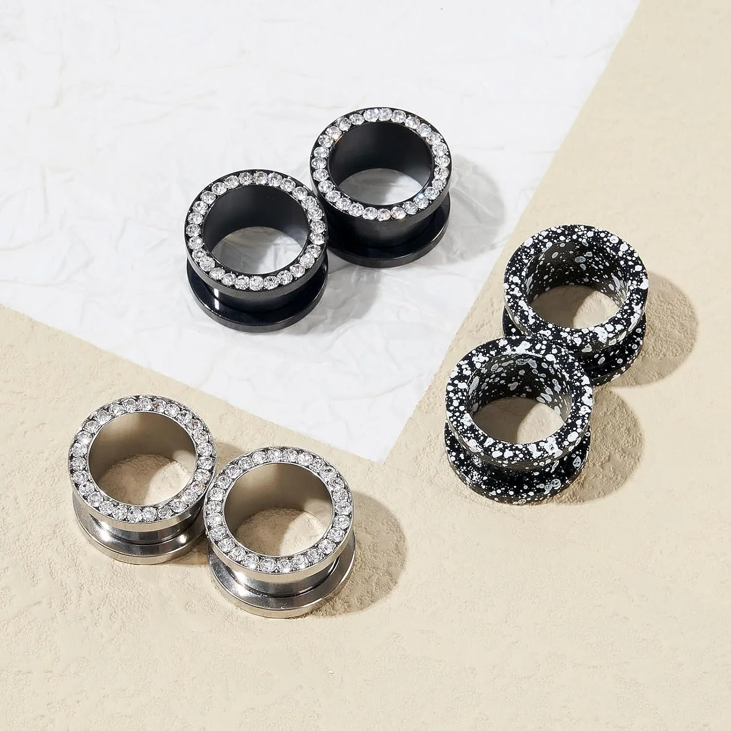 6pcs CZ Ear Gauges Double Flare Ear Tunnels Plugs Classic Design Black Silver Gauge Earrings Stretchers Expanders Piercing Jewelry 2g-5/8 inch