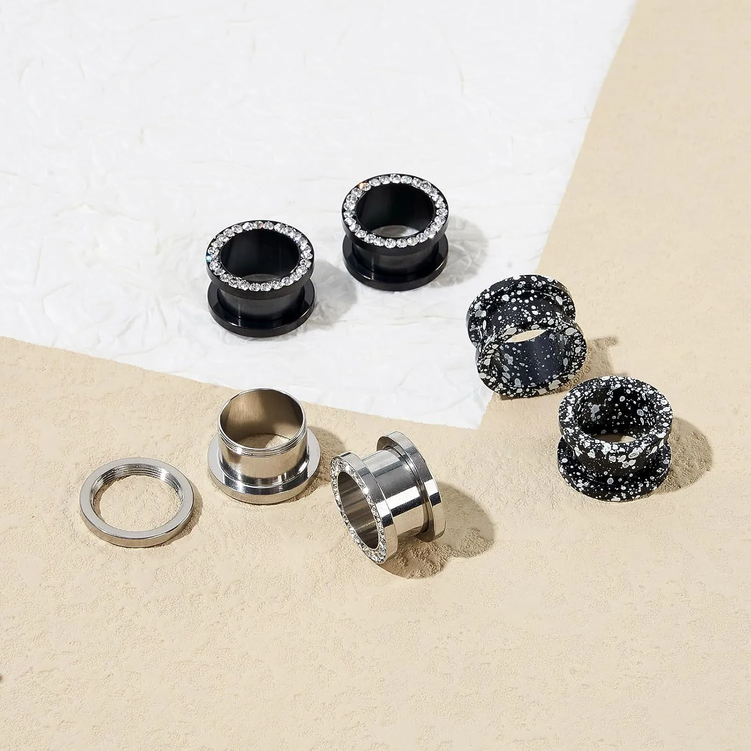6pcs CZ Ear Gauges Double Flare Ear Tunnels Plugs Classic Design Black Silver Gauge Earrings Stretchers Expanders Piercing Jewelry 2g-5/8 inch