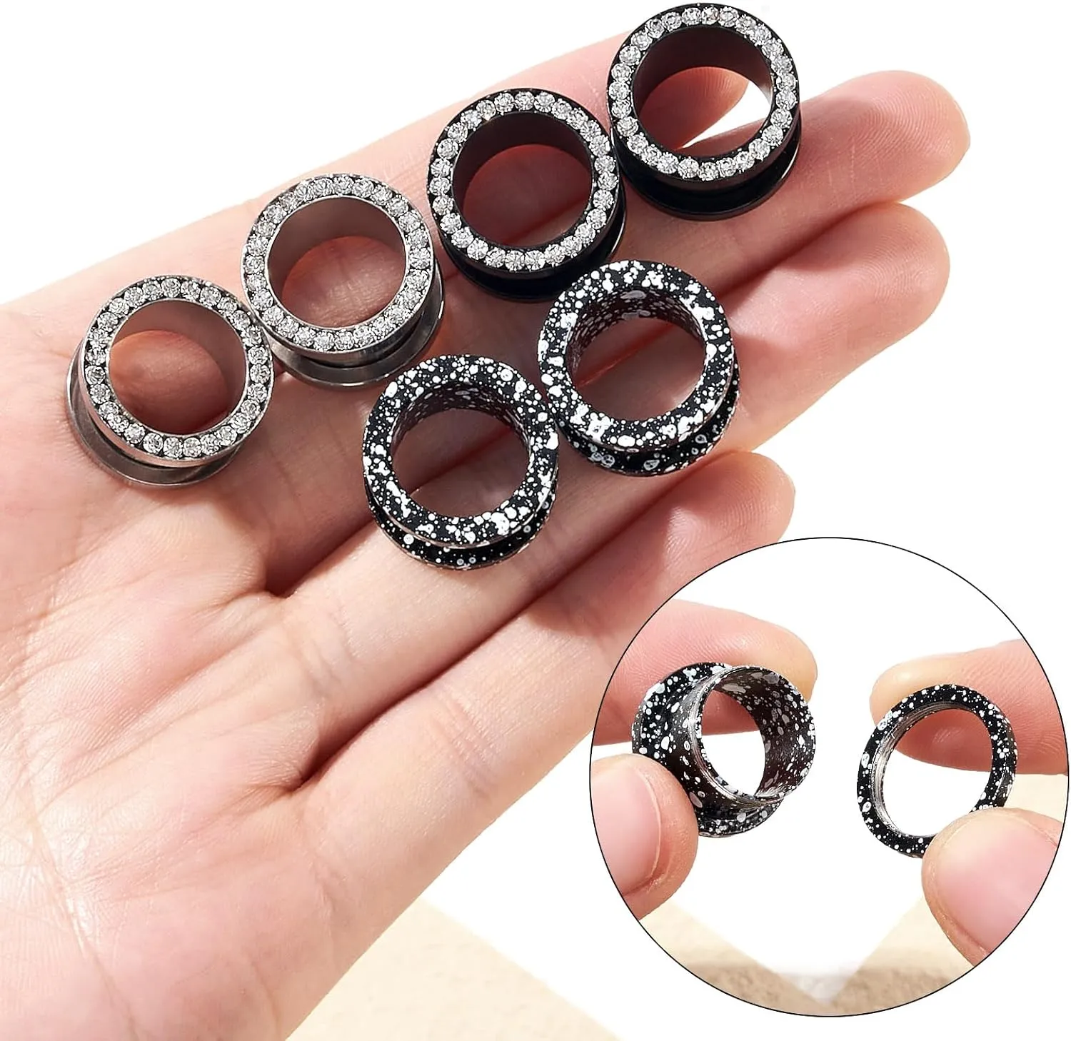 6pcs CZ Ear Gauges Double Flare Ear Tunnels Plugs Classic Design Black Silver Gauge Earrings Stretchers Expanders Piercing Jewelry 2g-5/8 inch