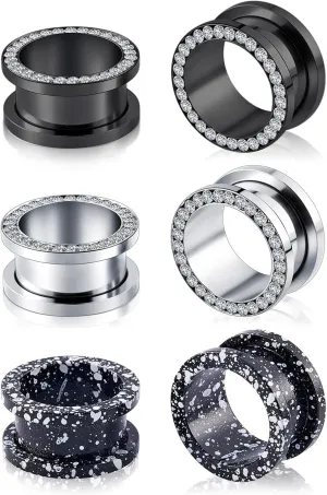 6pcs CZ Ear Gauges Double Flare Ear Tunnels Plugs Classic Design Black Silver Gauge Earrings Stretchers Expanders Piercing Jewelry 2g-5/8 inch