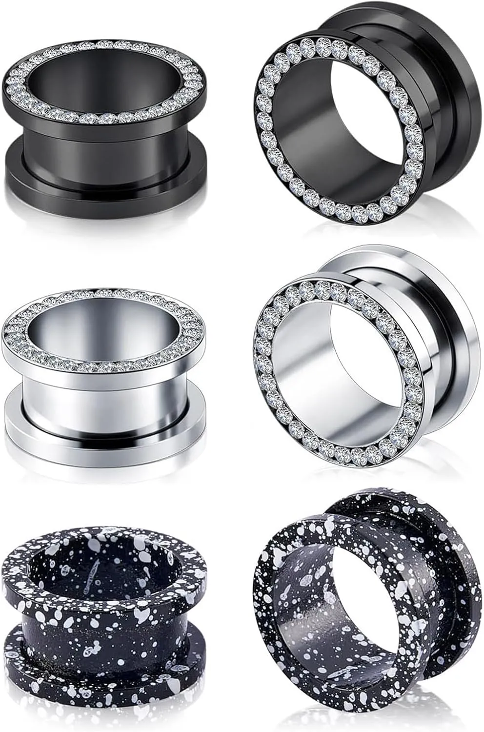 6pcs CZ Ear Gauges Double Flare Ear Tunnels Plugs Classic Design Black Silver Gauge Earrings Stretchers Expanders Piercing Jewelry 2g-5/8 inch