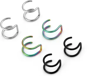 6Pcs Fake Hoop Earrings & Lip Rings Set - Stainless Steel Clip-On Nose Rings for Women and Men - Multicolor Double Hoop, Fake Nose Rings, Faux Lip Piercings, Nose Clips