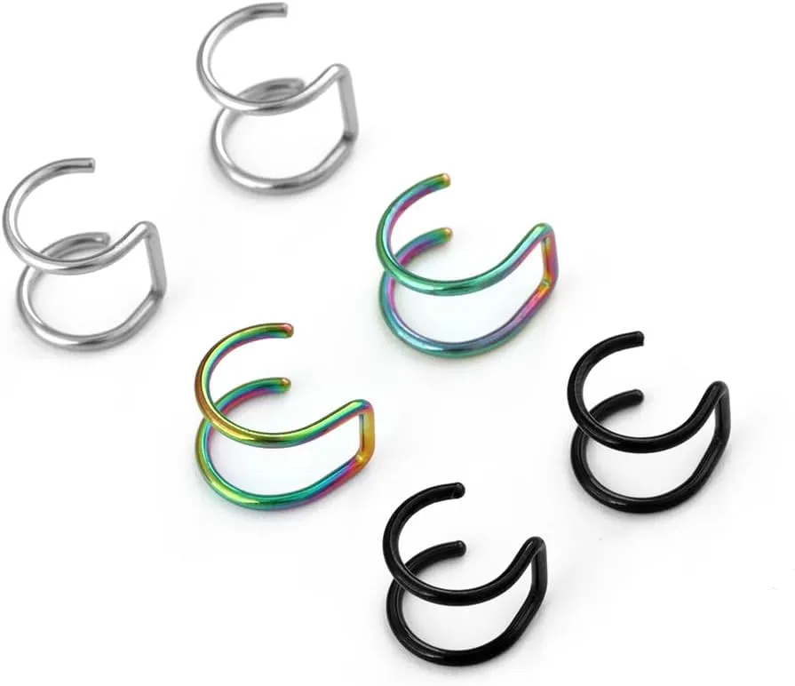 6Pcs Fake Hoop Earrings & Lip Rings Set - Stainless Steel Clip-On Nose Rings for Women and Men - Multicolor Double Hoop, Fake Nose Rings, Faux Lip Piercings, Nose Clips