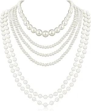 6PCS Long Pearl Necklace, Vintage Elegant Faux Pearl Necklace Flapper 1920s Pearl Accessories Fashion Strand Layered Necklace Gatsby Costume Jewelry for Wedding Party Prom