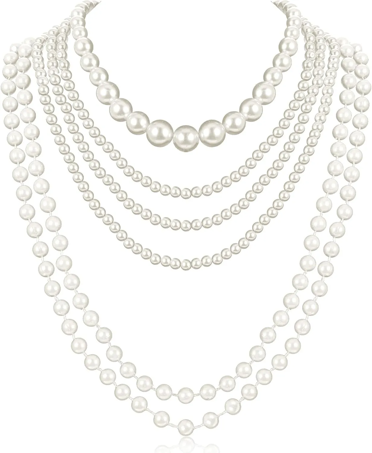 6PCS Long Pearl Necklace, Vintage Elegant Faux Pearl Necklace Flapper 1920s Pearl Accessories Fashion Strand Layered Necklace Gatsby Costume Jewelry for Wedding Party Prom