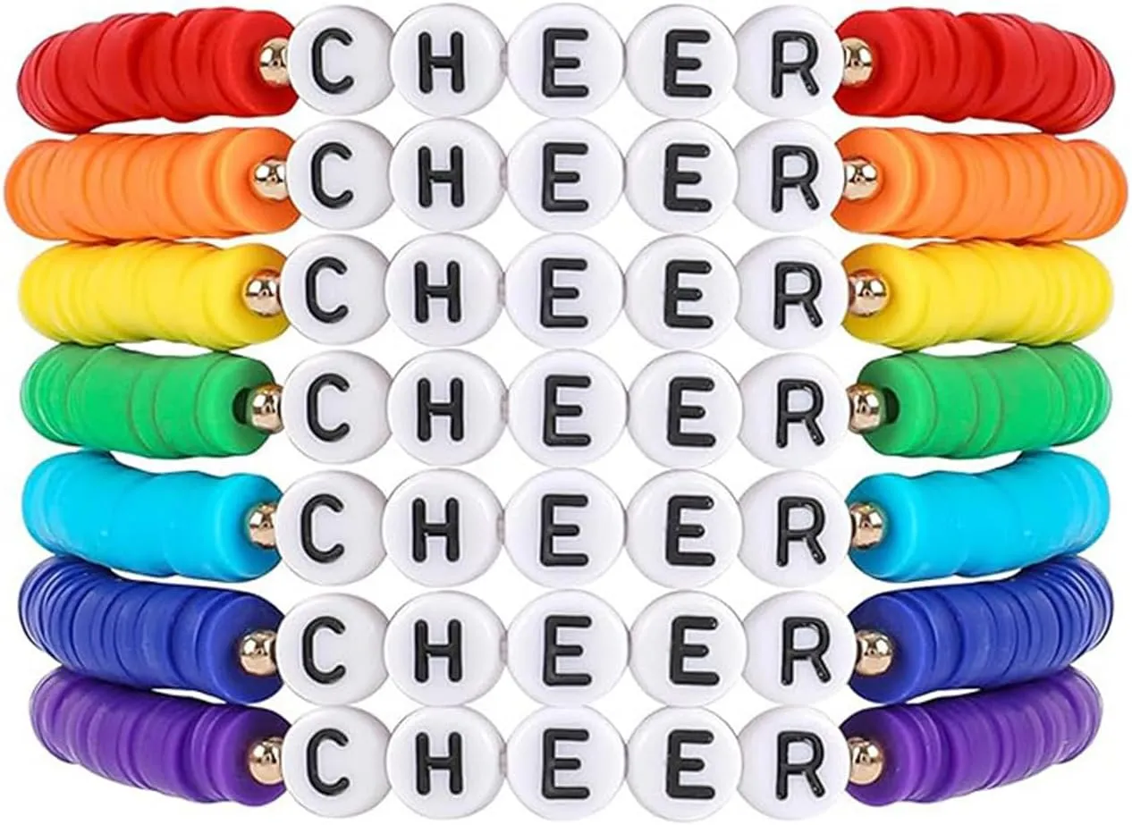 7Pcs Rainbow CHEER BESTIE SISTER Stackable Clay Bracelets Set Colorful Multilayer Heishi Surfer Clay Stretch Preppy Bracelets Friendship Bracelets for Women Men Summer Beach Jewelry Gifts