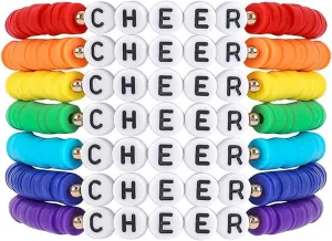 7Pcs Rainbow CHEER BESTIE SISTER Stackable Clay Bracelets Set Colorful Multilayer Heishi Surfer Clay Stretch Preppy Bracelets Friendship Bracelets for Women Men Summer Beach Jewelry Gifts