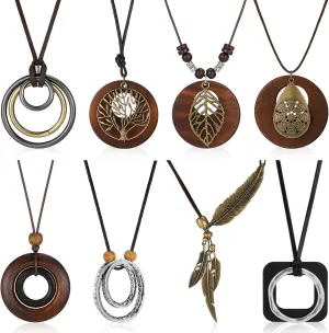 8 Pcs Boho Necklaces for Women Boho Jewelry for Women Long Wooden Pendant Choker Necklaces Brown Faux Leather Cord Sweater Jewelry Feather for Women Men