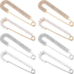 8 Pieces Womens Brooch Pins Decorative Safety Pin Brooch for Women Faux Crystal Pearl Brooches and Pins Shawl Hat Clips Vintage Safety Pin Brooches for Women Fashion Dress Shirt Clips Gold Silver