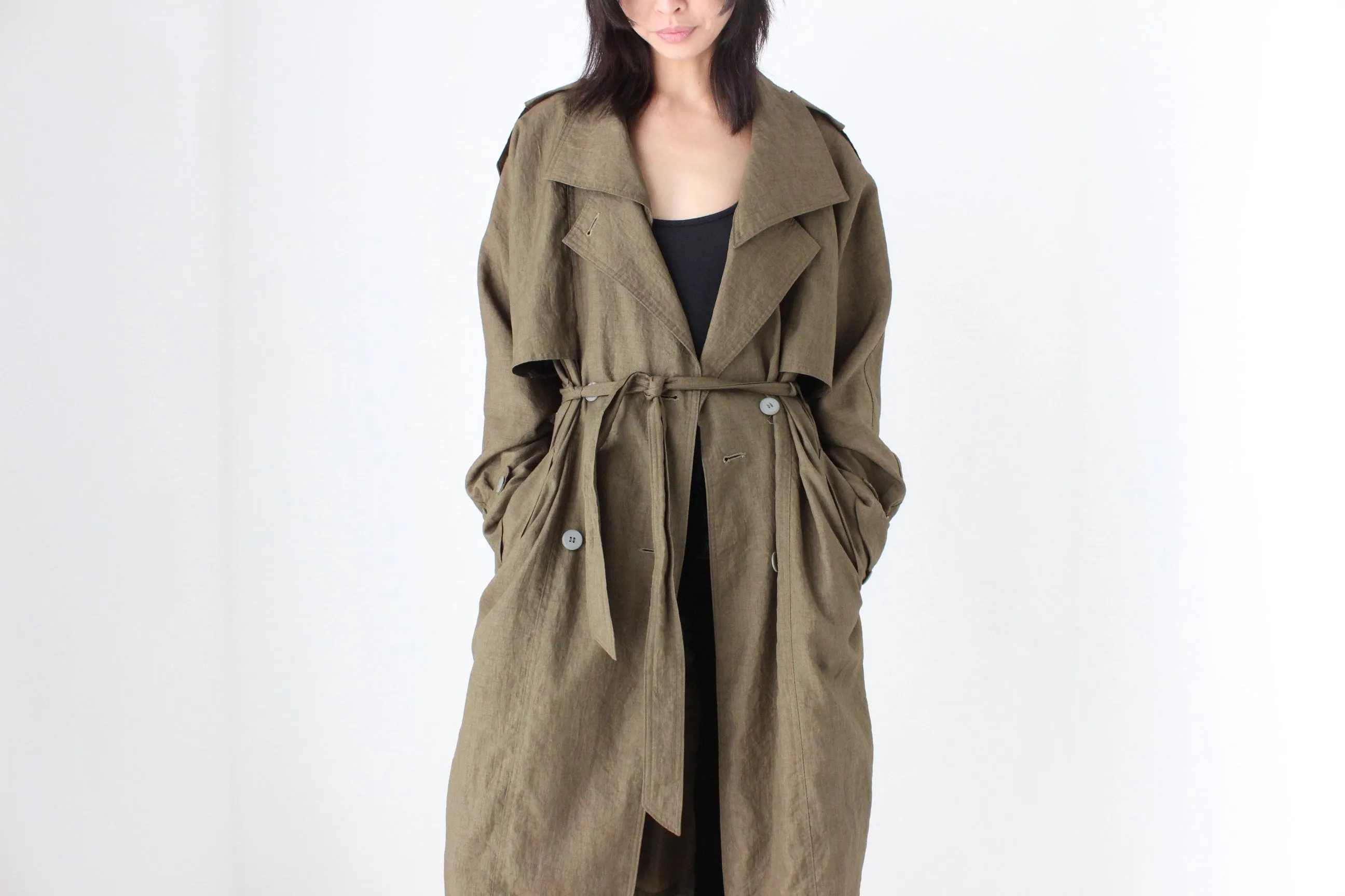 80s Neutral Longline Classic Belted Trench Coat