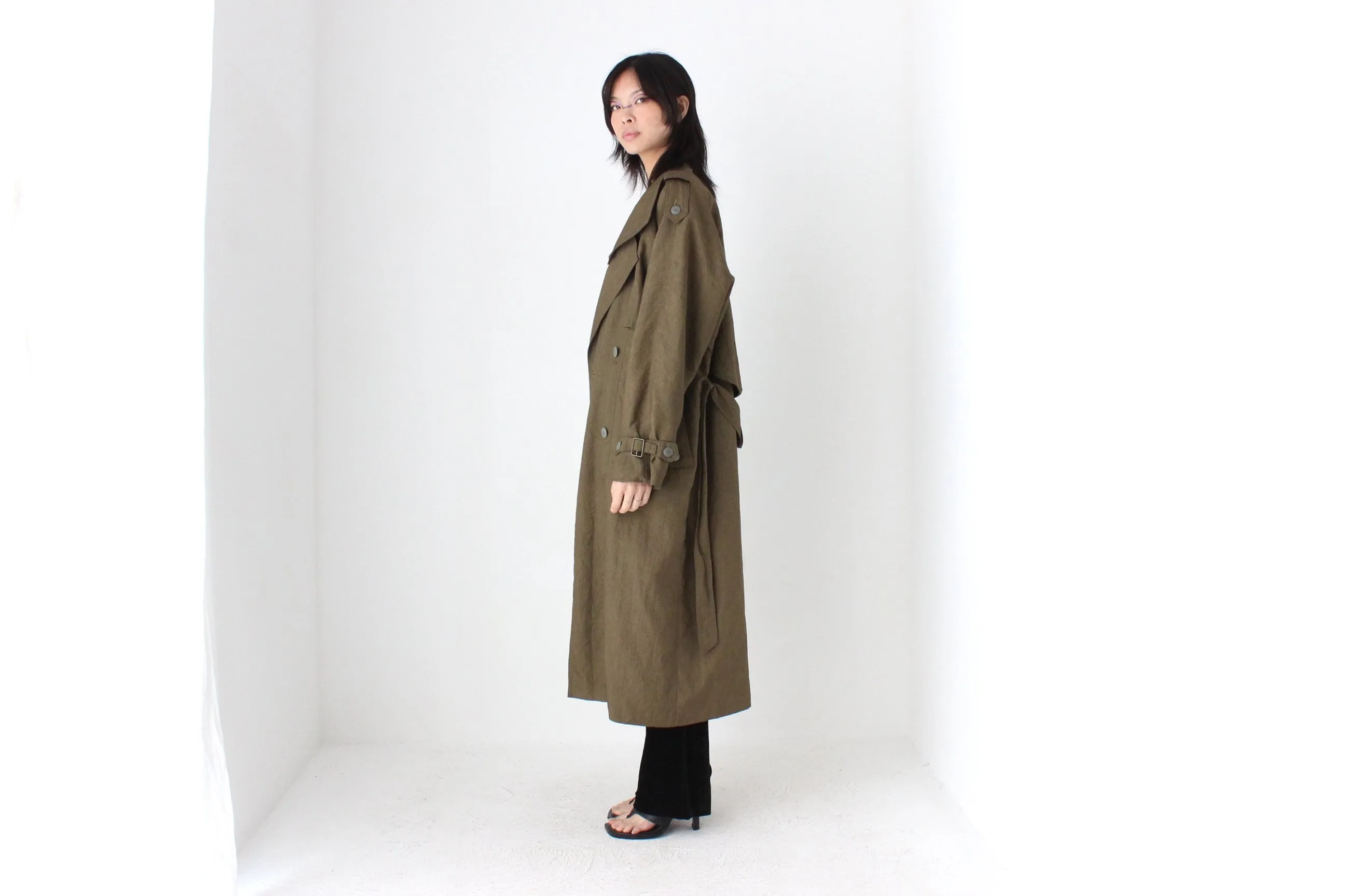 80s Neutral Longline Classic Belted Trench Coat