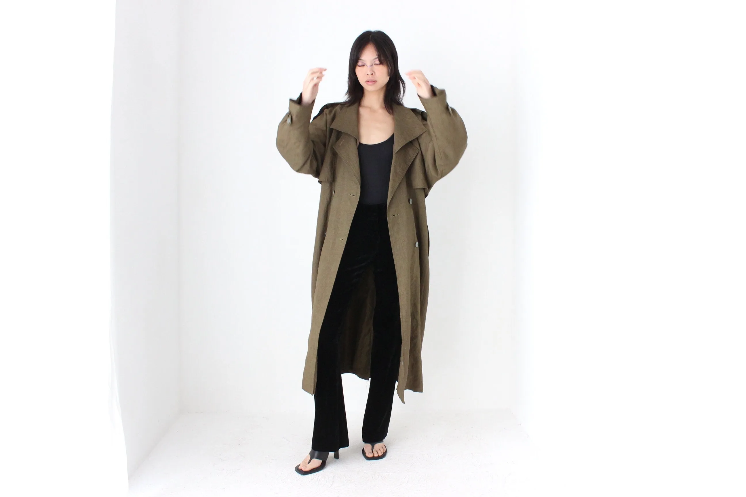 80s Neutral Longline Classic Belted Trench Coat