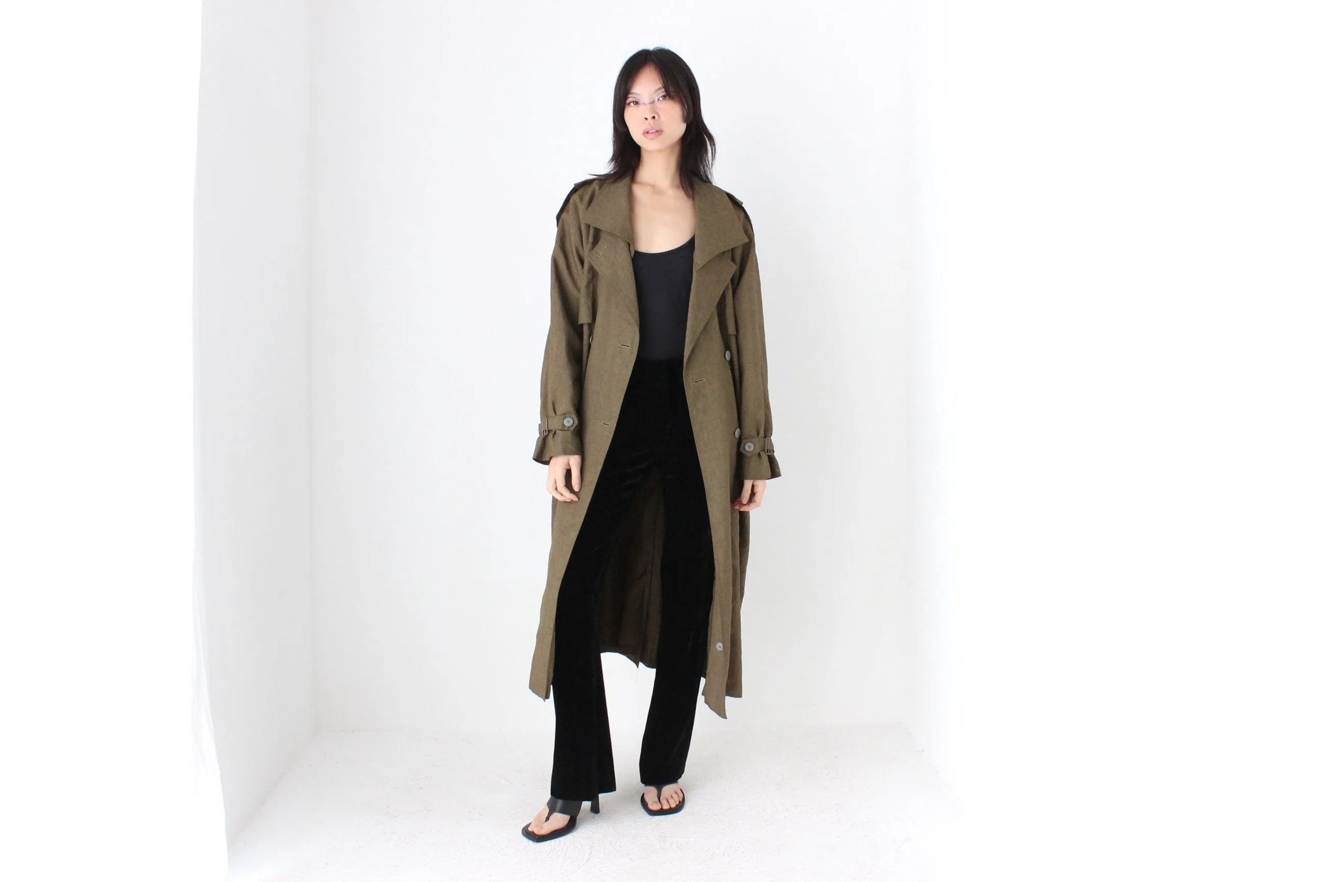 80s Neutral Longline Classic Belted Trench Coat