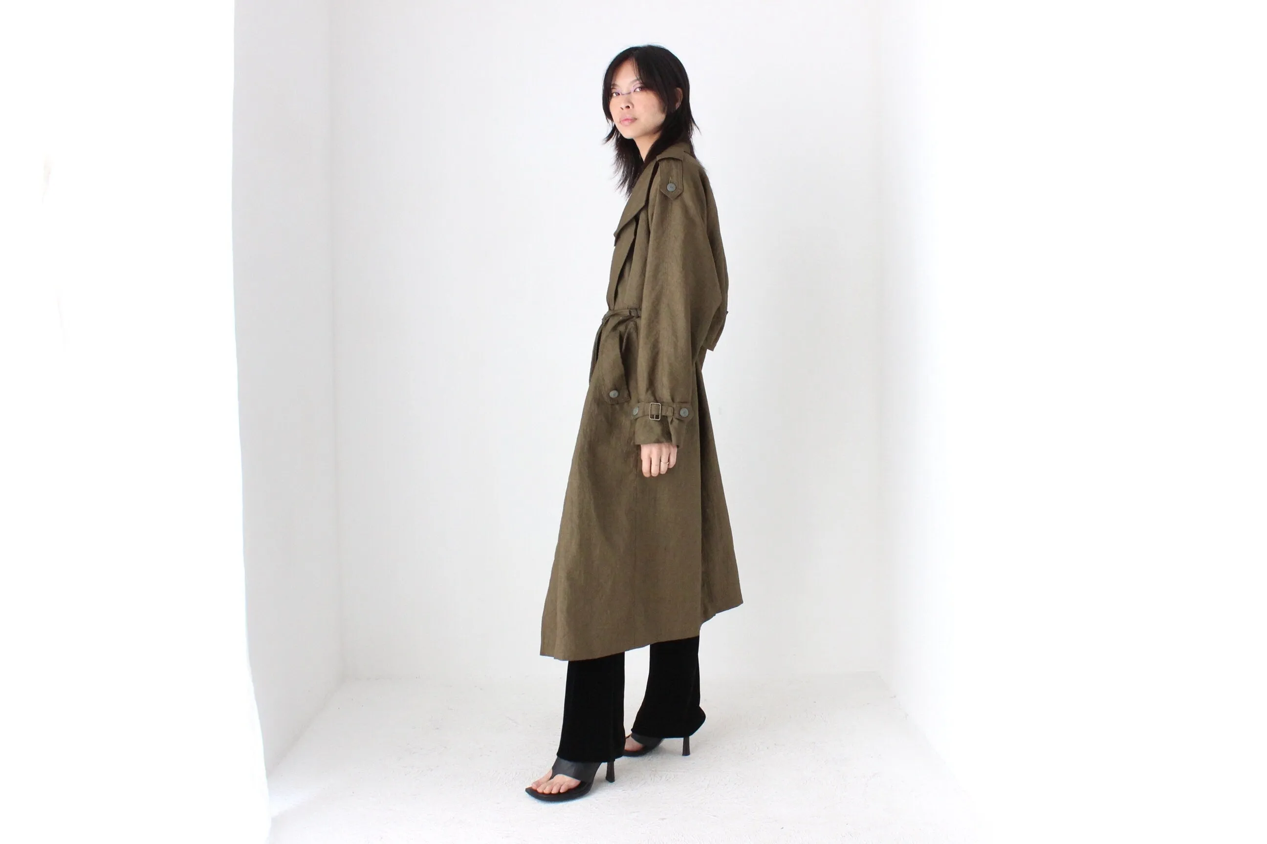 80s Neutral Longline Classic Belted Trench Coat