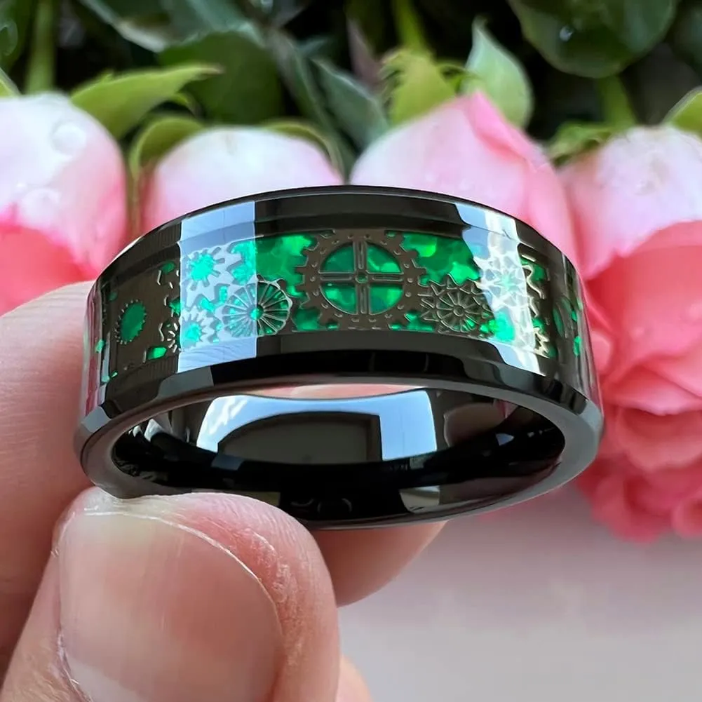 8mm Blue Red Green Carbon Fiber Steampunk Gear Inlay Silver and Black Tungsten Rings for Men Women Wedding Bands Beveled Edges I Love You Engraved Comfort Fit