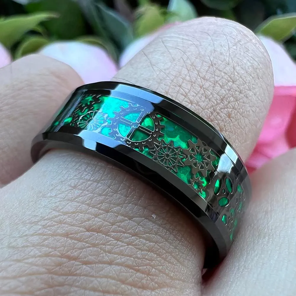 8mm Blue Red Green Carbon Fiber Steampunk Gear Inlay Silver and Black Tungsten Rings for Men Women Wedding Bands Beveled Edges I Love You Engraved Comfort Fit