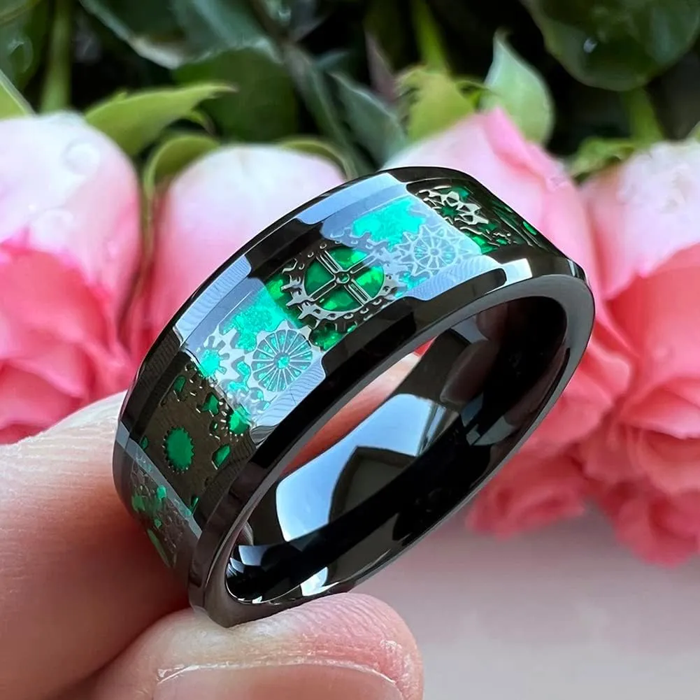 8mm Blue Red Green Carbon Fiber Steampunk Gear Inlay Silver and Black Tungsten Rings for Men Women Wedding Bands Beveled Edges I Love You Engraved Comfort Fit