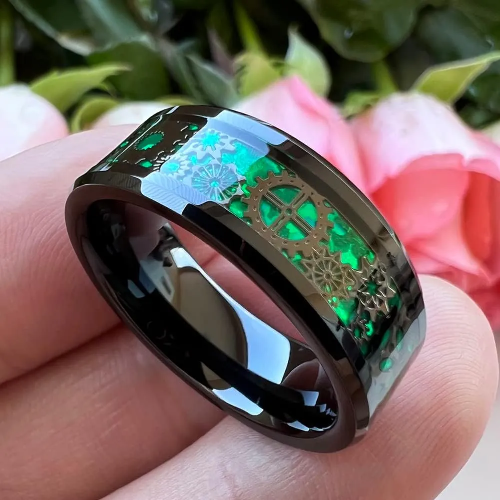8mm Blue Red Green Carbon Fiber Steampunk Gear Inlay Silver and Black Tungsten Rings for Men Women Wedding Bands Beveled Edges I Love You Engraved Comfort Fit
