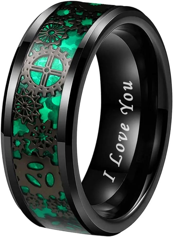 8mm Blue Red Green Carbon Fiber Steampunk Gear Inlay Silver and Black Tungsten Rings for Men Women Wedding Bands Beveled Edges I Love You Engraved Comfort Fit