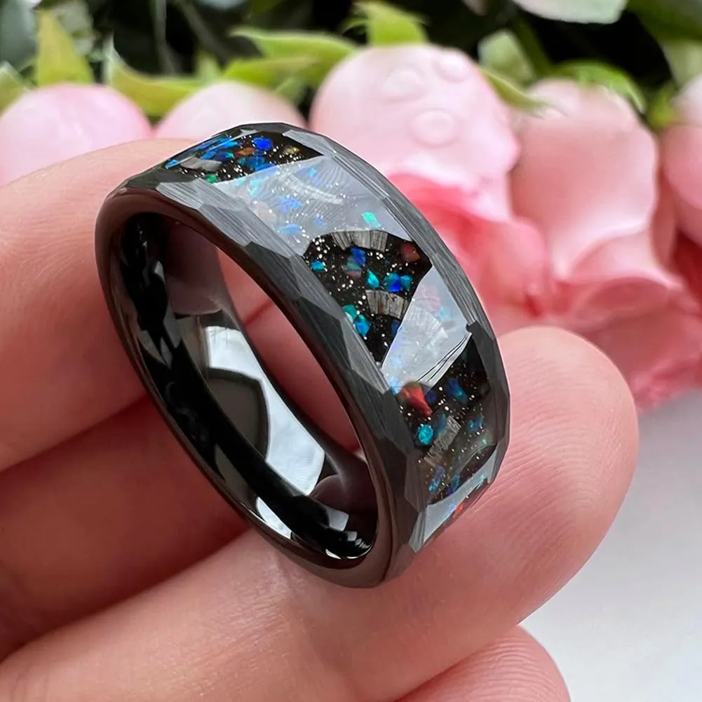 8mm Hammered Tungsten Rings for Men Women Engagement Wedding Bands Geunine Opal Meteorite Inlay Matte Finish Comfort Fit