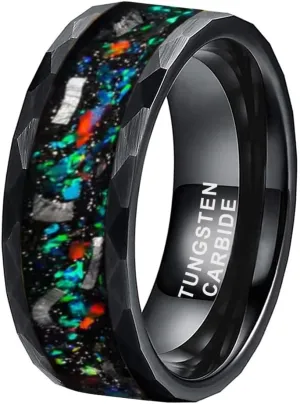 8mm Hammered Tungsten Rings for Men Women Engagement Wedding Bands Geunine Opal Meteorite Inlay Matte Finish Comfort Fit