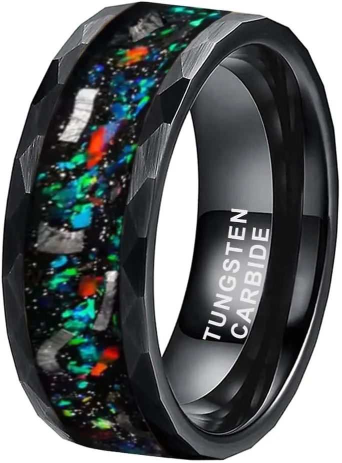 8mm Hammered Tungsten Rings for Men Women Engagement Wedding Bands Geunine Opal Meteorite Inlay Matte Finish Comfort Fit