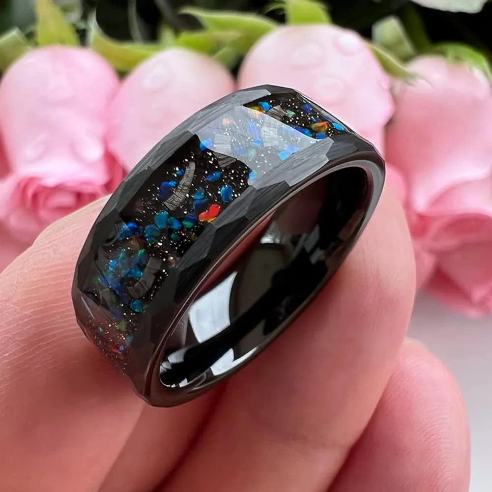 8mm Hammered Tungsten Rings for Men Women Engagement Wedding Bands Geunine Opal Meteorite Inlay Matte Finish Comfort Fit
