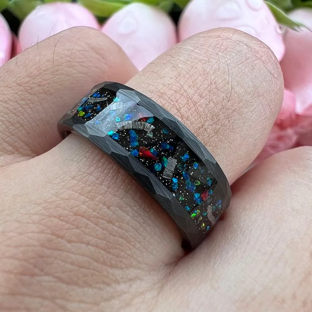 8mm Hammered Tungsten Rings for Men Women Engagement Wedding Bands Geunine Opal Meteorite Inlay Matte Finish Comfort Fit