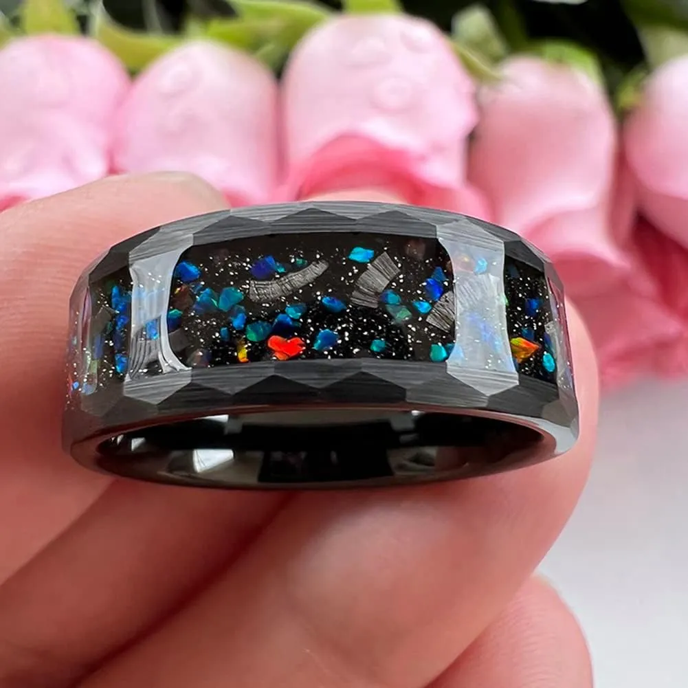 8mm Hammered Tungsten Rings for Men Women Engagement Wedding Bands Geunine Opal Meteorite Inlay Matte Finish Comfort Fit