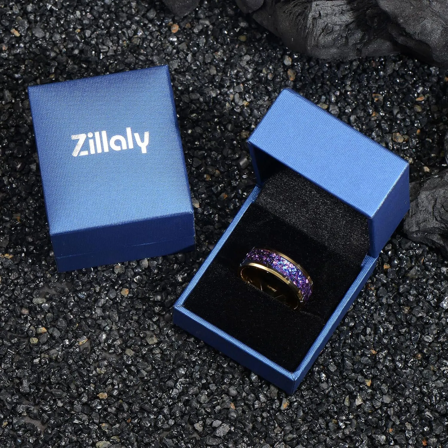 8mm Men's Gold Galaxy Ring, Tungsten Wedding Band with Purple Blue Opal and Chamfered Sparkling Finish - Comfortable Size 7-14, Comes in a Beautiful Gift Box