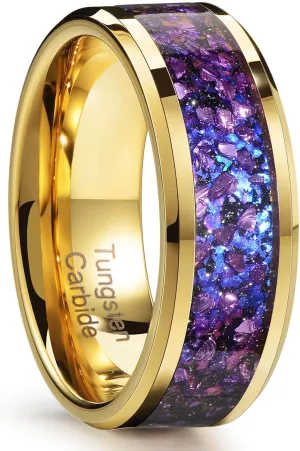 8mm Men's Gold Galaxy Ring, Tungsten Wedding Band with Purple Blue Opal and Chamfered Sparkling Finish - Comfortable Size 7-14, Comes in a Beautiful Gift Box