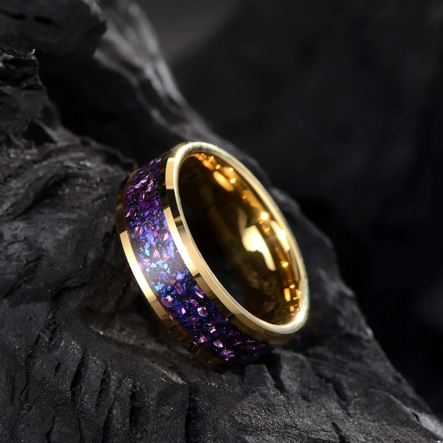 8mm Men's Gold Galaxy Ring, Tungsten Wedding Band with Purple Blue Opal and Chamfered Sparkling Finish - Comfortable Size 7-14, Comes in a Beautiful Gift Box