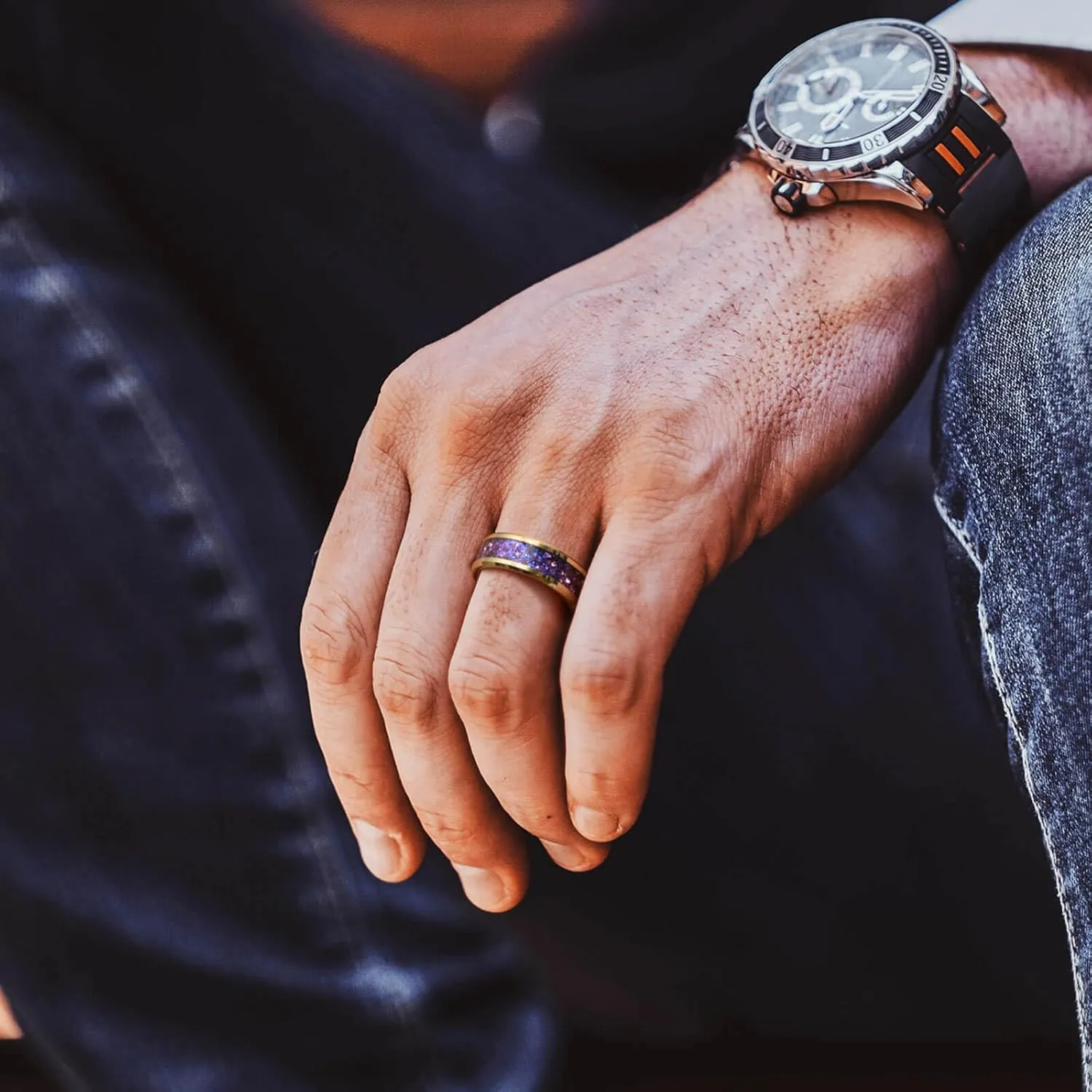 8mm Men's Gold Galaxy Ring, Tungsten Wedding Band with Purple Blue Opal and Chamfered Sparkling Finish - Comfortable Size 7-14, Comes in a Beautiful Gift Box