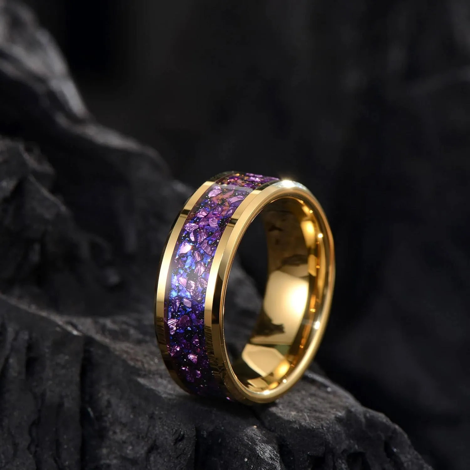8mm Men's Gold Galaxy Ring, Tungsten Wedding Band with Purple Blue Opal and Chamfered Sparkling Finish - Comfortable Size 7-14, Comes in a Beautiful Gift Box
