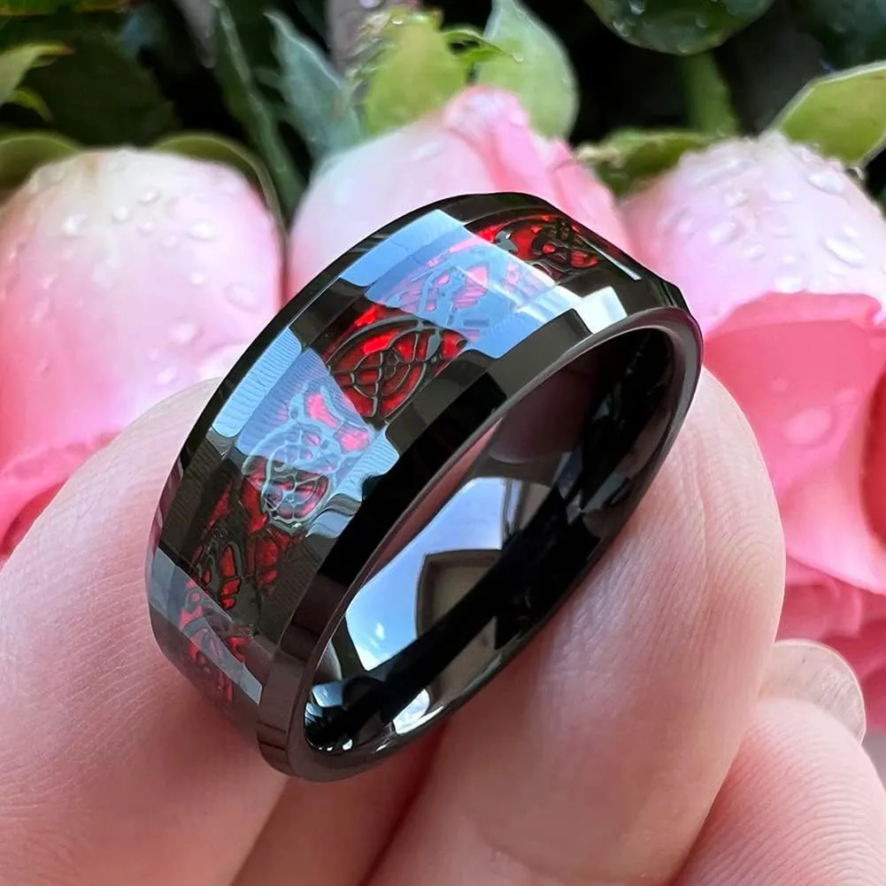 8mm Red Green Purple Carbon Fiber Celtic Dragon Inlay Black Tungsten Rings for Men Women Wedding Bands I Love You Engraved Comfort Fit
