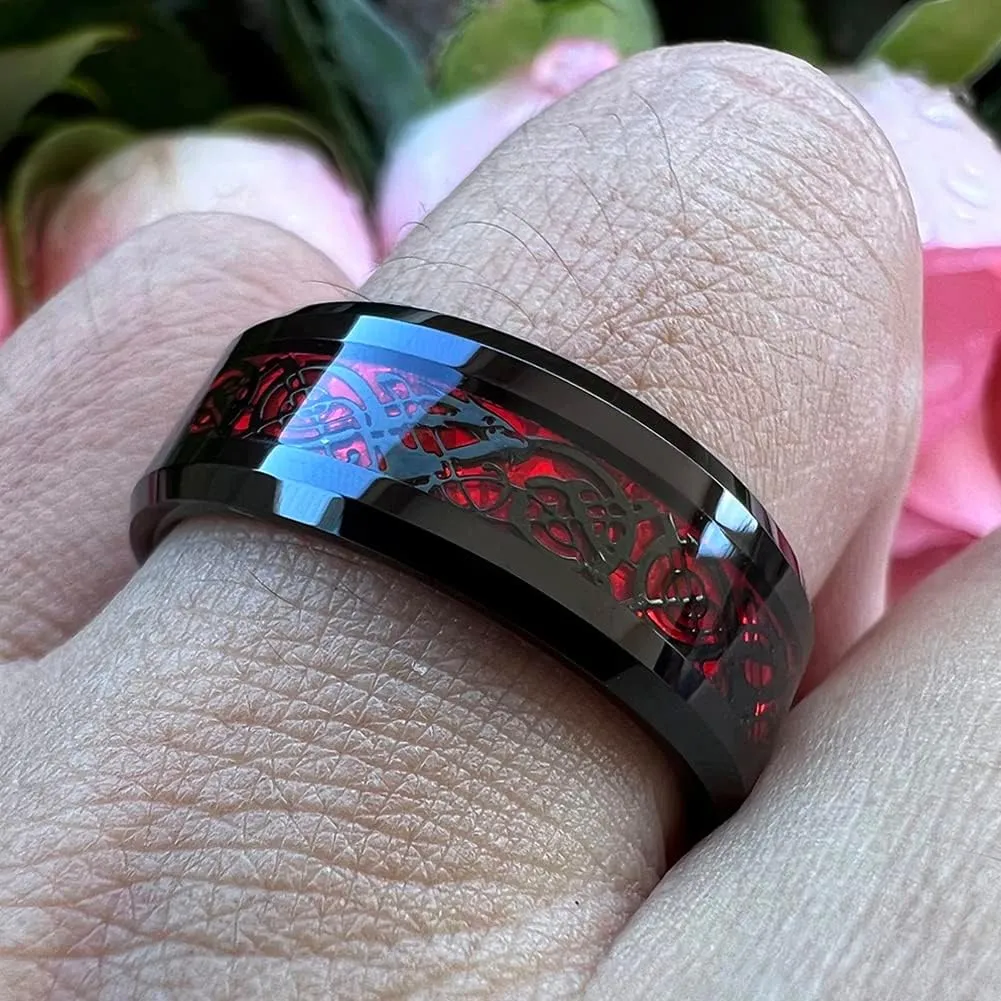 8mm Red Green Purple Carbon Fiber Celtic Dragon Inlay Black Tungsten Rings for Men Women Wedding Bands I Love You Engraved Comfort Fit