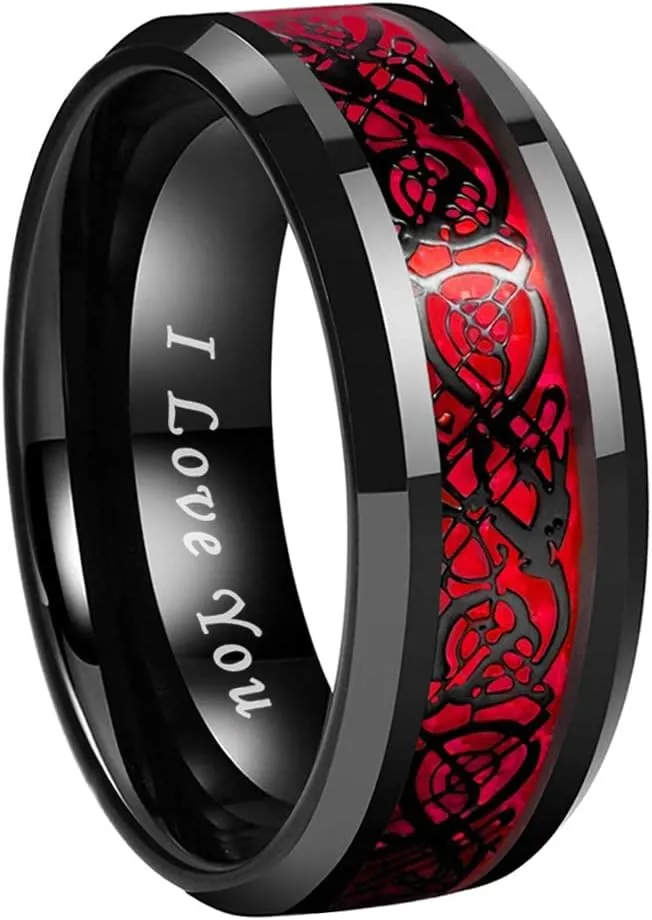 8mm Red Green Purple Carbon Fiber Celtic Dragon Inlay Black Tungsten Rings for Men Women Wedding Bands I Love You Engraved Comfort Fit