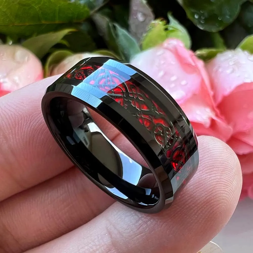 8mm Red Green Purple Carbon Fiber Celtic Dragon Inlay Black Tungsten Rings for Men Women Wedding Bands I Love You Engraved Comfort Fit