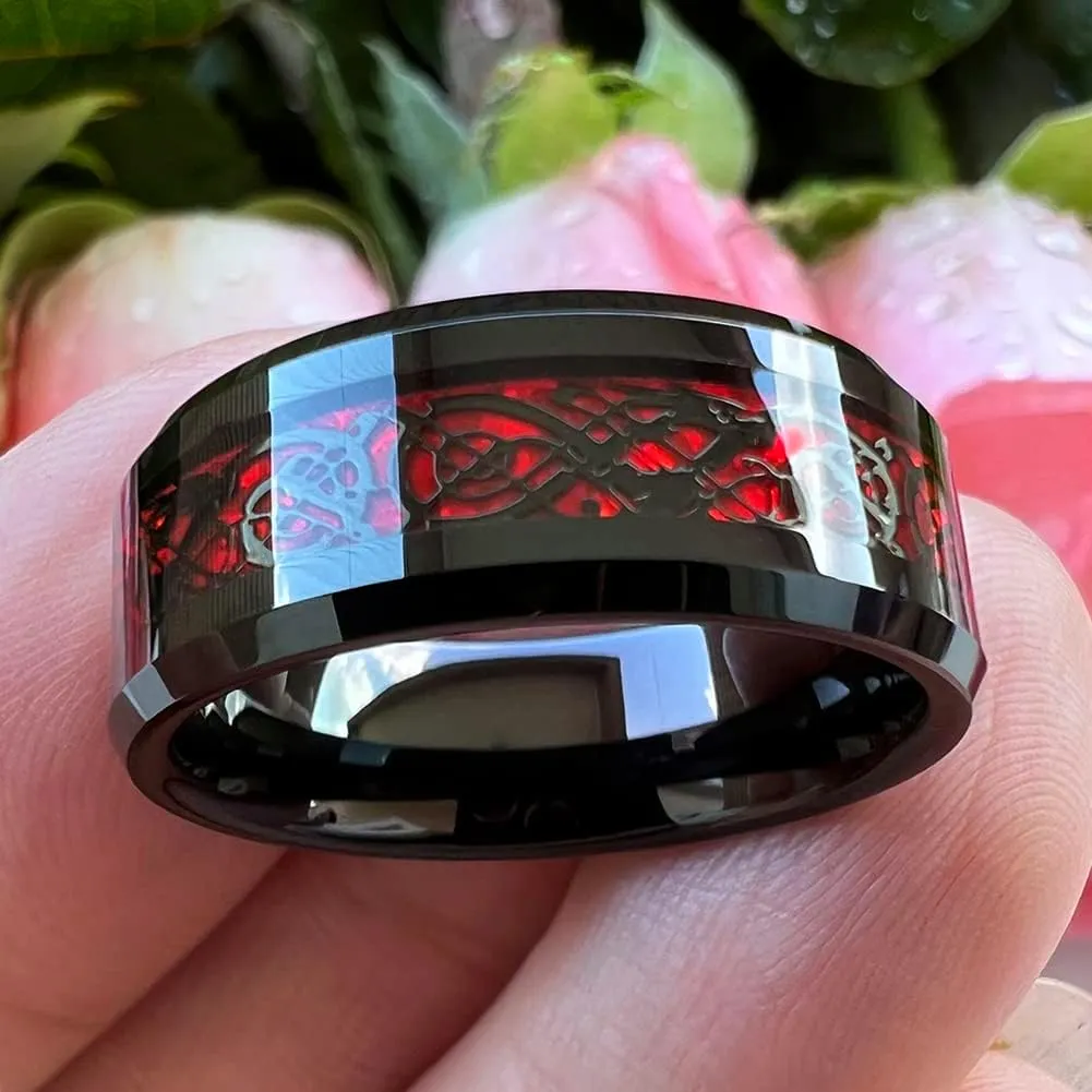8mm Red Green Purple Carbon Fiber Celtic Dragon Inlay Black Tungsten Rings for Men Women Wedding Bands I Love You Engraved Comfort Fit