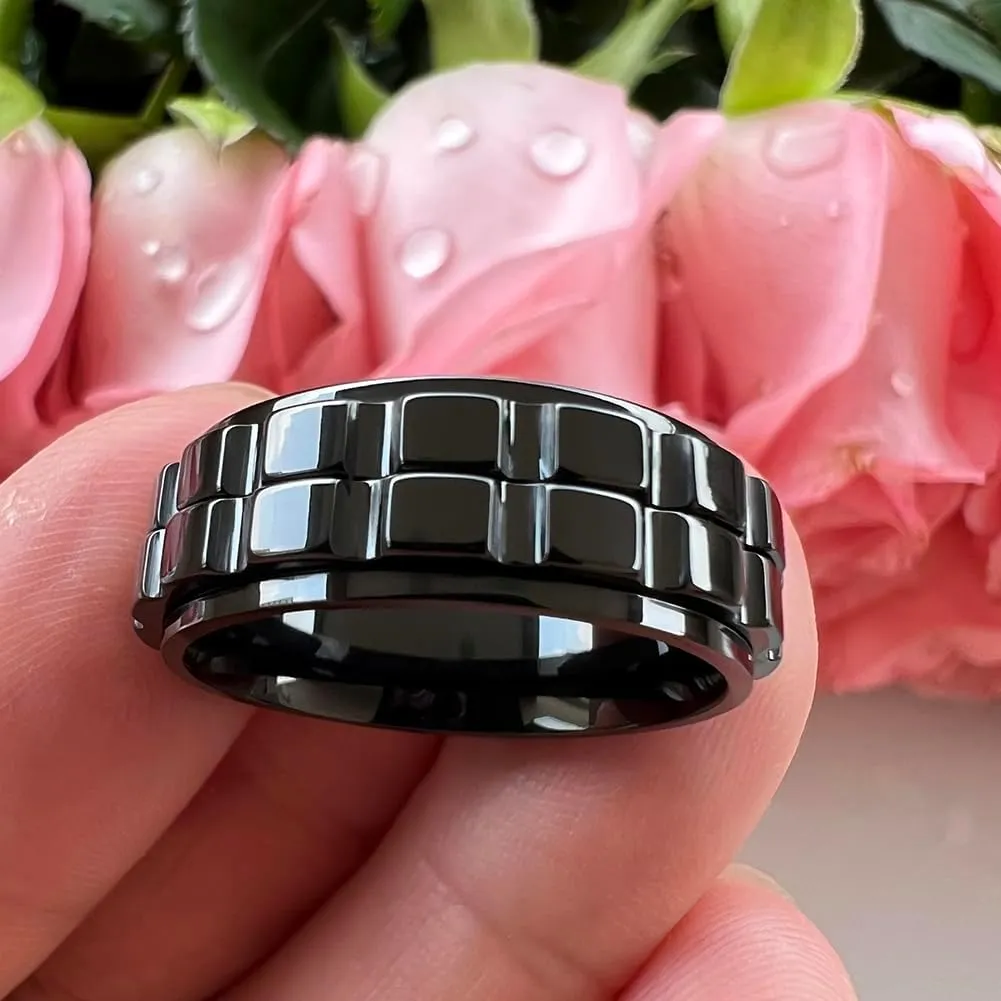8mm Silver/Black/Gold Tungsten Titanium Spinner Rings for Men Women Anxiety Released Promise Engagement Wedding Bands Stepped Polished Shiny Comfort Fit