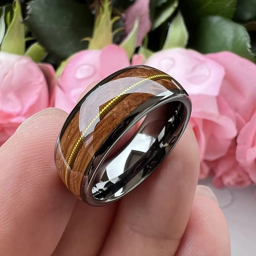 8mm Silver/Black/Gunmetal/Gold Tungsten Rings for Men Women Engagement Wedding Bands Whisky Wood Guitar String Inlay Domed Polished Comfort Fit