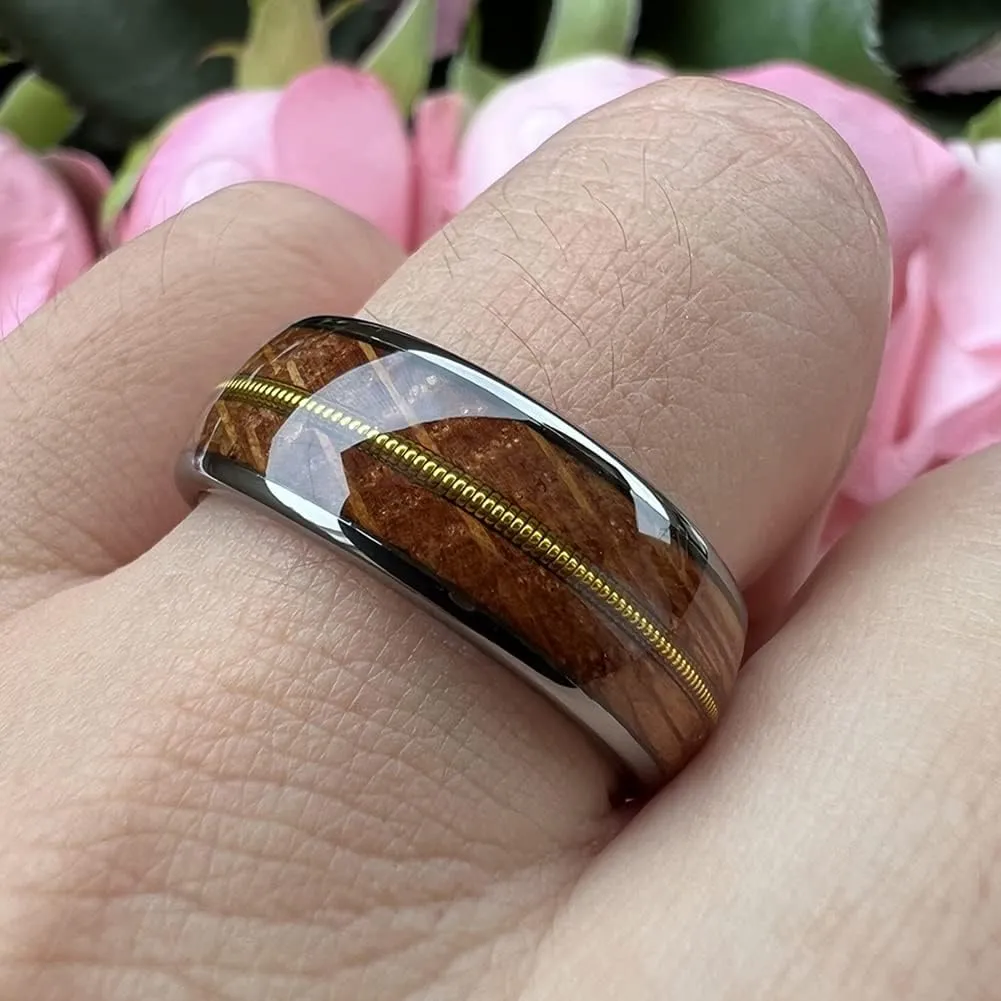 8mm Silver/Black/Gunmetal/Gold Tungsten Rings for Men Women Engagement Wedding Bands Whisky Wood Guitar String Inlay Domed Polished Comfort Fit