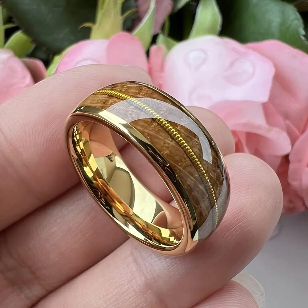 8mm Silver/Black/Gunmetal/Gold Tungsten Rings for Men Women Engagement Wedding Bands Whisky Wood Guitar String Inlay Domed Polished Comfort Fit