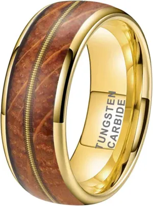 8mm Silver/Black/Gunmetal/Gold Tungsten Rings for Men Women Engagement Wedding Bands Whisky Wood Guitar String Inlay Domed Polished Comfort Fit
