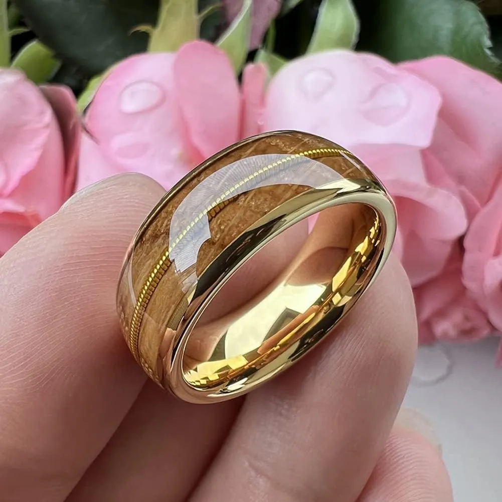 8mm Silver/Black/Gunmetal/Gold Tungsten Rings for Men Women Engagement Wedding Bands Whisky Wood Guitar String Inlay Domed Polished Comfort Fit