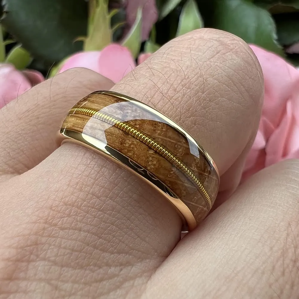 8mm Silver/Black/Gunmetal/Gold Tungsten Rings for Men Women Engagement Wedding Bands Whisky Wood Guitar String Inlay Domed Polished Comfort Fit