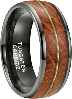 8mm Silver/Black/Gunmetal/Gold Tungsten Rings for Men Women Engagement Wedding Bands Whisky Wood Guitar String Inlay Domed Polished Comfort Fit