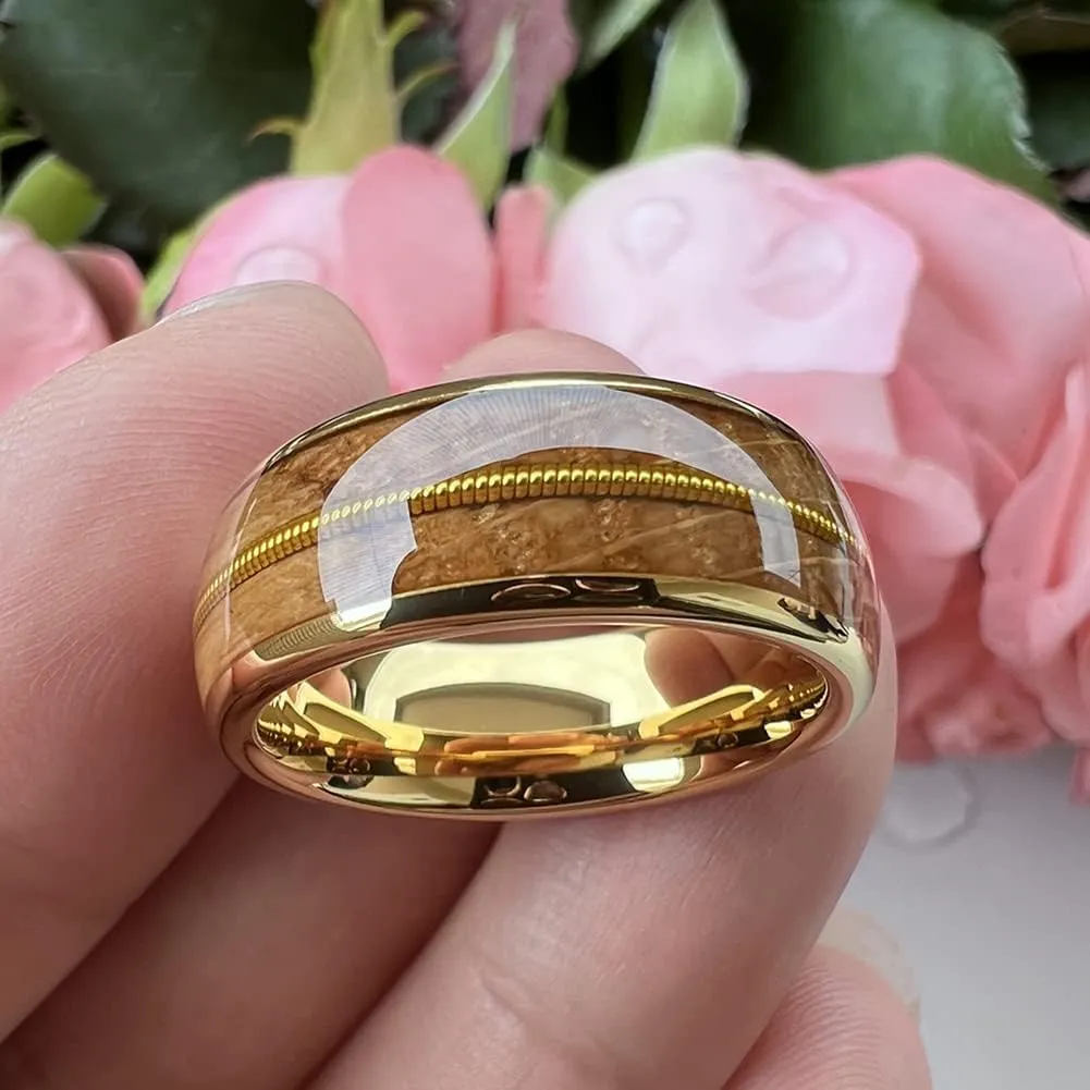 8mm Silver/Black/Gunmetal/Gold Tungsten Rings for Men Women Engagement Wedding Bands Whisky Wood Guitar String Inlay Domed Polished Comfort Fit